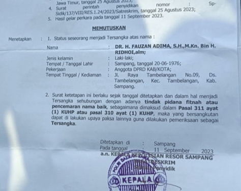 Wakil Ketua DPRD Sampang dari Partai Gerindra Tersandung Kasus Pencemaran Nama Baik