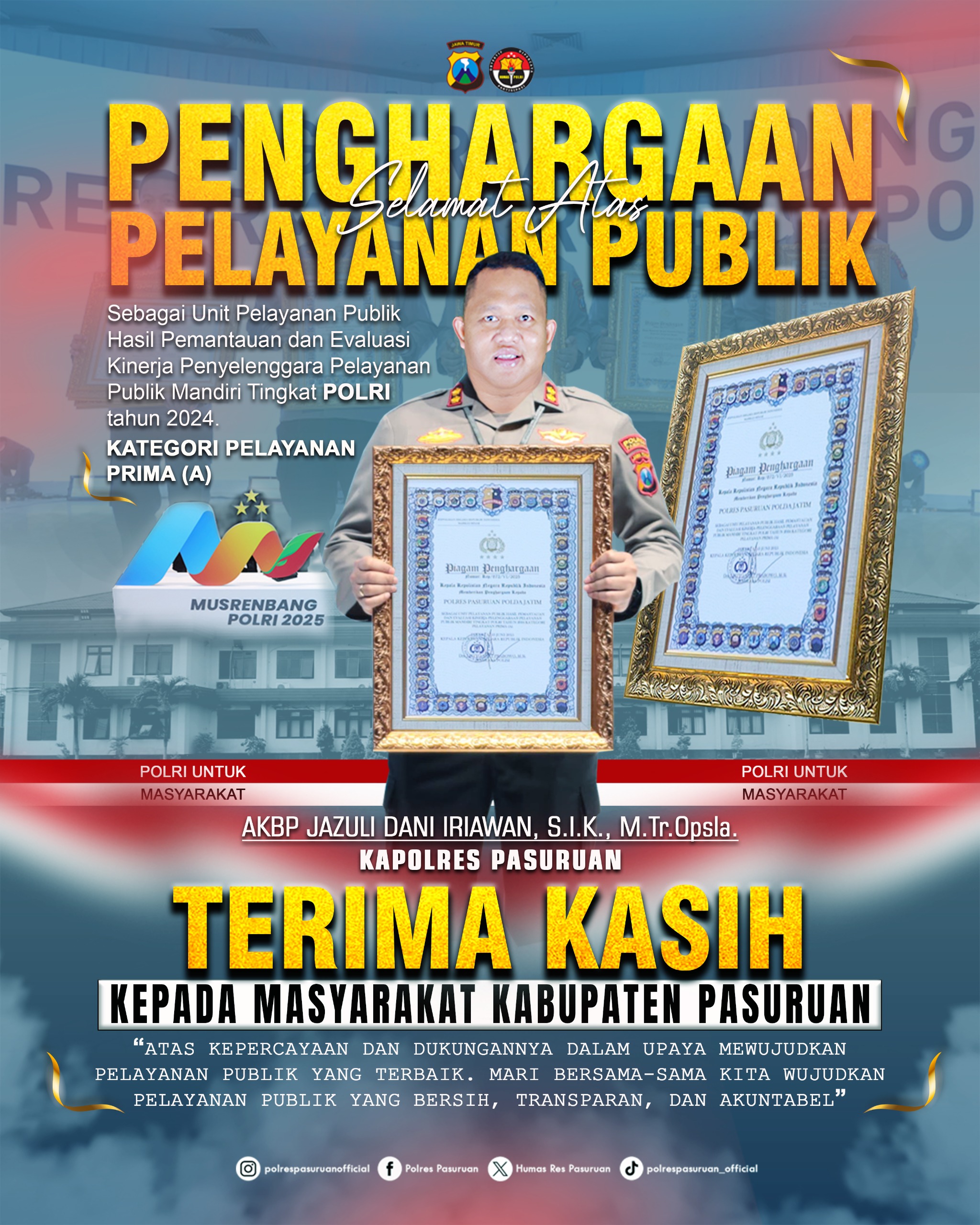Polres Pasuruan Raih Penghargaan Pelayanan Prima di Ajang Musrenbang Polri 2025